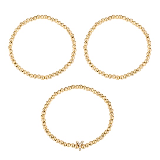 Initial Y CZ Beaded Bracelet Set In 14K Gold Over Brass 0.09ctw