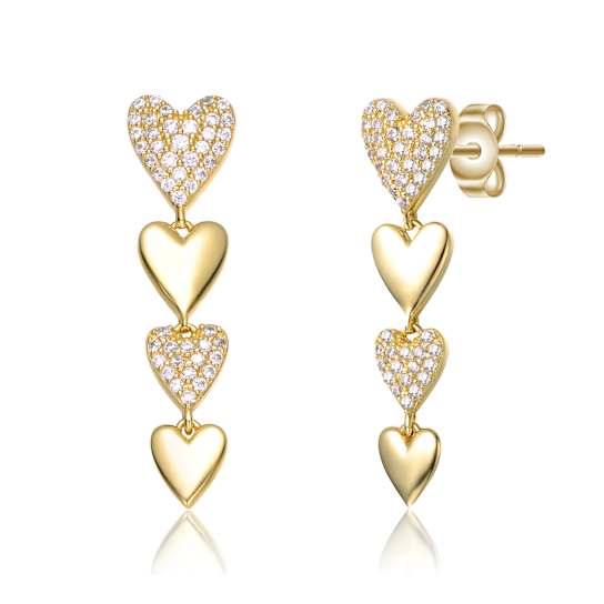 CZ Pave Double Heart Drop Earrings In 14K Gold Over Sterling Silver