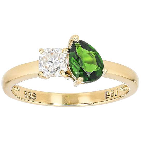 Chrome Diopside And Moissanite Toi et Moi Ring In 18K Gold Over Sterling Silver