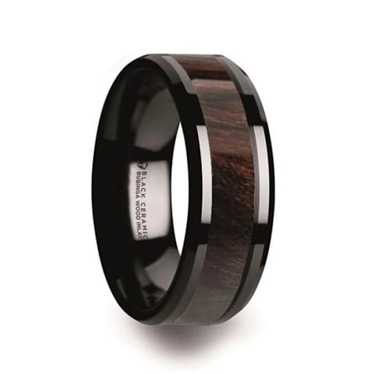 BENNY Black Ceramic Polished Beveled Edges Men’s Wedding Band with
Bubinga Wood Inlay 8mm
