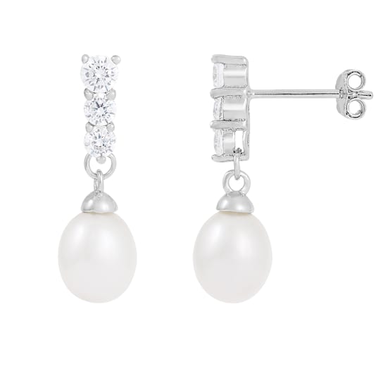 7-8mm White Cultured Freshwater Pearl and Cubic Zirconia Rhodium Over
Sterling Silver Earrings