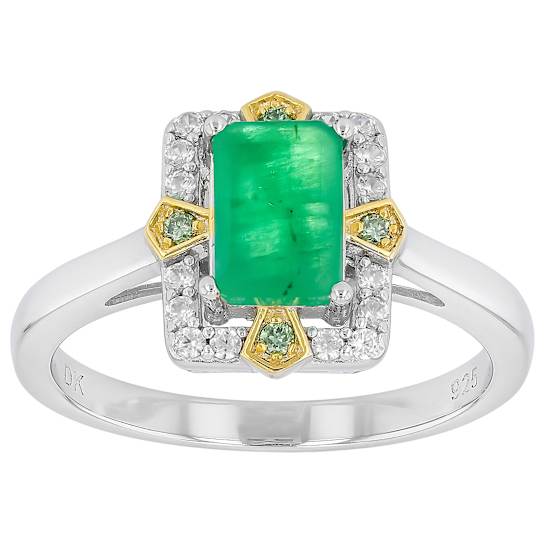 Emerald And Diamond Ring In Two-Tone 18K Gold And Sterling Silver