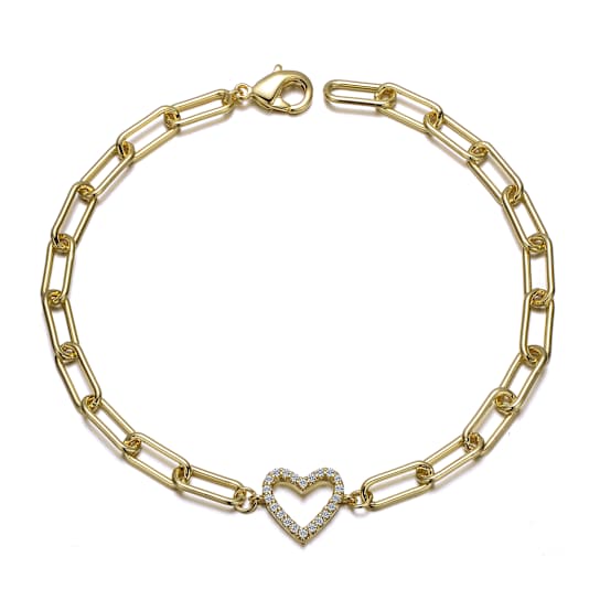 CZ Halo Open Heart Paperclip Link Bracelet In 14K Gold Over Brass