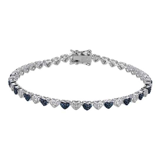 Blue and White Diamond Rhodium Over Sterling Silver Heart Tennis
Bracelet 0.10ctw