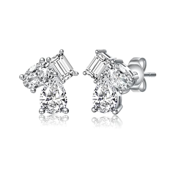 CZ Three-Stone Cluster Stud Earrings In Sterling Silver