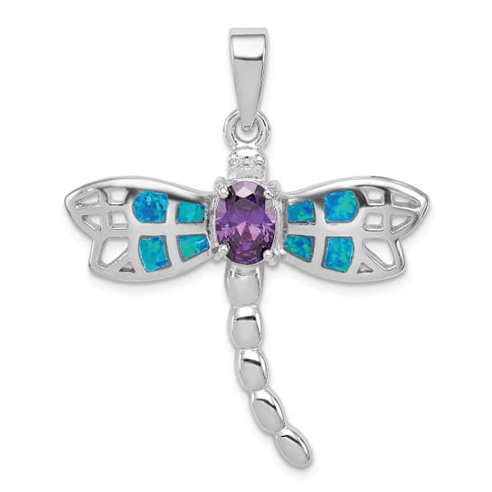 Rhodium Over Sterling Silver Lab Created Opal Dragonfly Amethyst Pendant