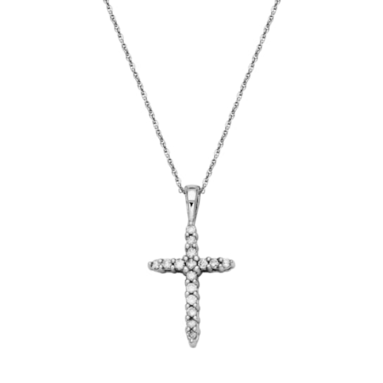 White Diamond 10k White Gold Cross Pendant With 18" Rope Chain 0.20ctw