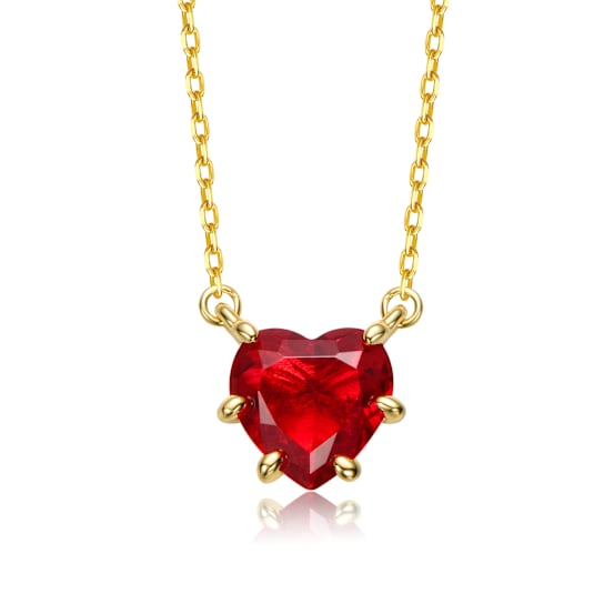 Ruby Color CZ Heart Solitaire Necklace In 14K Gold Over Brass