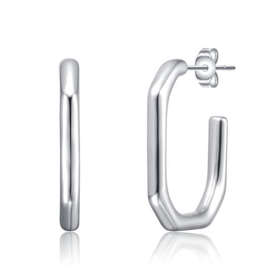 Hexagonal Open Hoop Earrings In White Rhodium Over Brass