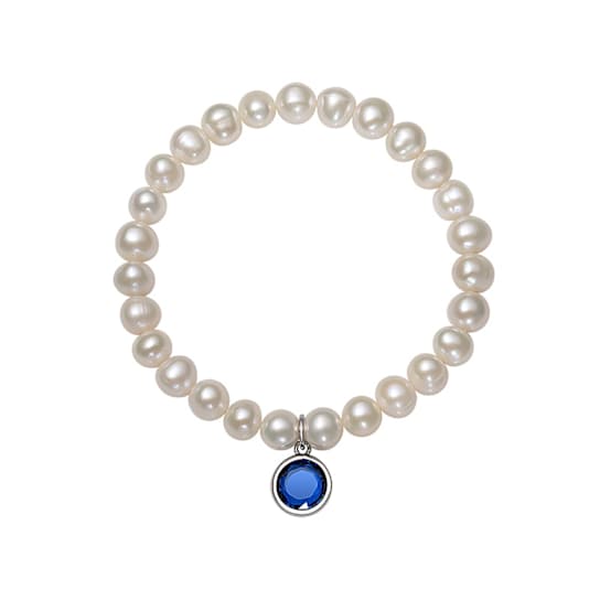 Freshwater Pearl And Dark Blue CZ Charm Stretch Bracelet In Sterling Silver