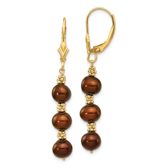 14K Yellow Gold 5-6mm Coffee Brown Semi-round Freshwater Cultured Pearl
Leverback Earrings