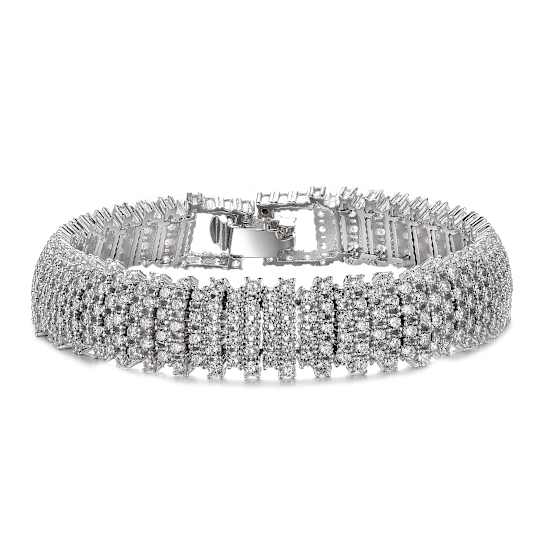 CZ Pave Link Bracelet In White Rhodium Over Brass