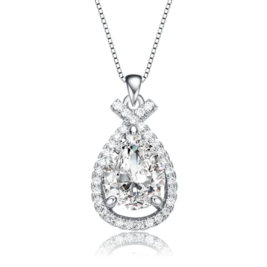 CZ Pear Shape Halo Pendant Necklace In White Rhodium Over Brass