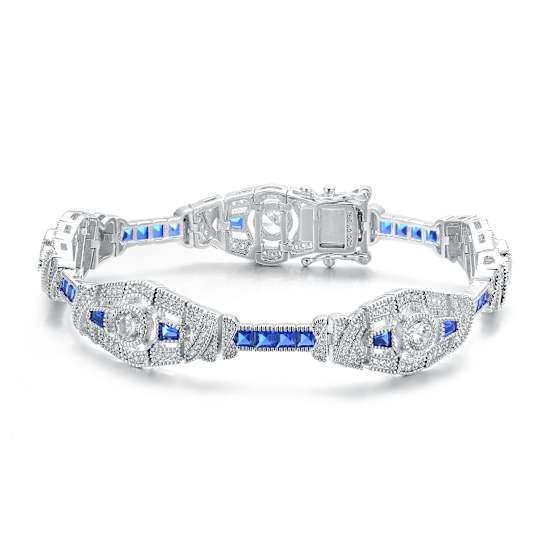 Sapphire Color CZ Oval Link Station Bracelet In Sterling Silver