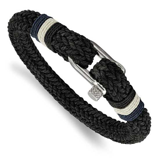Woven Black Cotton and Stainless Steel Polished 8.5-inch Bracelet