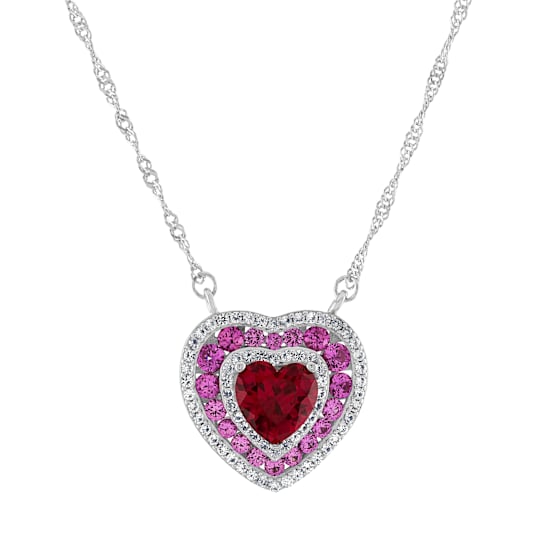 Sterling Silver Lab Created Ruby, Pink and White Sapphire Heart Necklace 2.40ctw