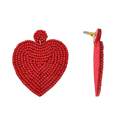 Red Seed Bead Heart Drop Earrings