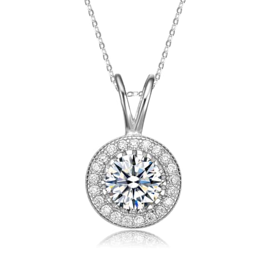 CZ Halo Solitaire Pendant In White Rhodium Over Brass