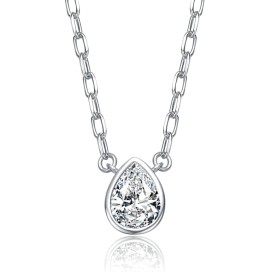 Pear Shape CZ Solitaire Pendant In White Rhodium Over Brass