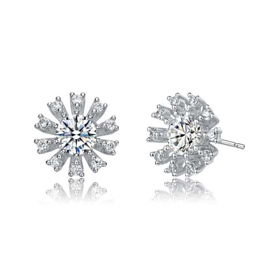 Floral CZ Stud Earrings In Sterling Silver