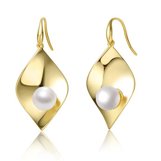 Freshwater Pearl Leaf Drop Earrings In 14K Gold Over Sterling Silver