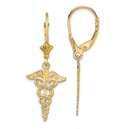 14K Yellow Gold Textured Caduceus Dangle Earrings