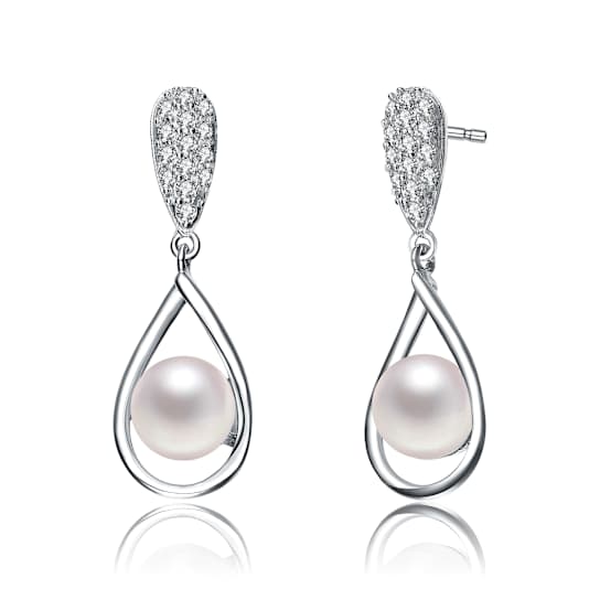 Pearl And CZ Drop Earrings In Sterling Silver