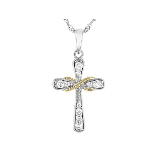 Moissanite platineve and 14k yellow gold over sterling silver cross
pendant .38ctw DEW.