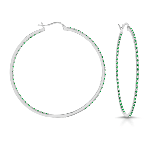 Emerald Color CZ Inside-Out Hoop Earrings In White Rhodium Over Brass