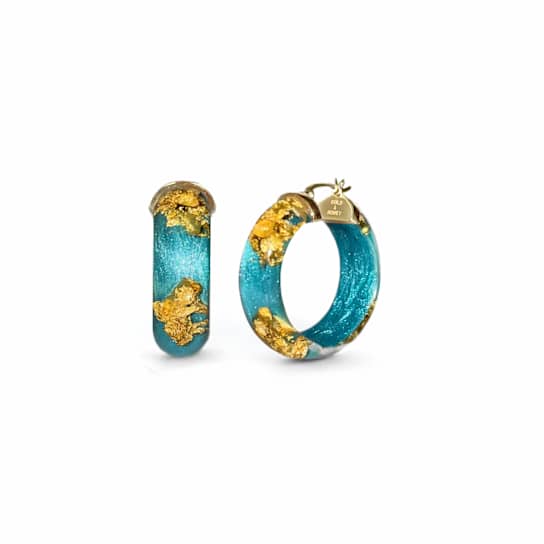 14K Yellow Gold Over Sterling Silver Mini Gold Leaf Acrylic Hoops in Teal