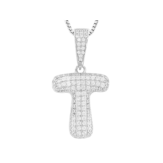 CZ Initial T Bubble Letter Pendant Necklace In Sterling Silver 1.24ctw