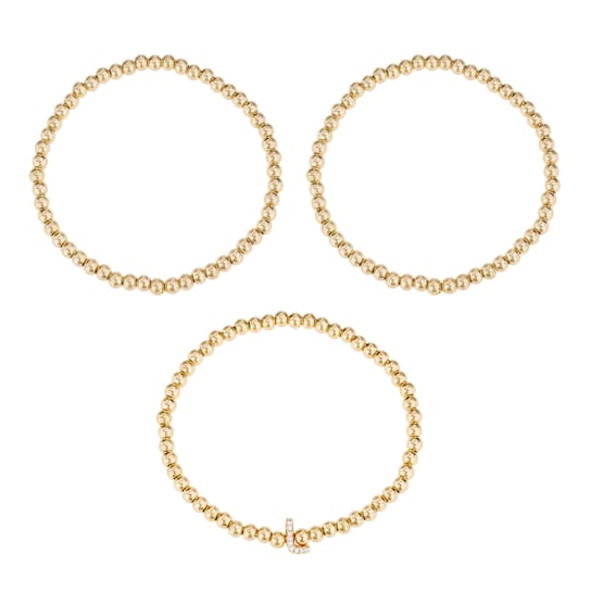 Initial L CZ Beaded Bracelet Set In 14K Gold Over Brass 0.09ctw