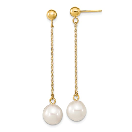 14K Yellow Gold 7-8mm White Round Freshwater Cultured Pearl Dangle Post Earrings