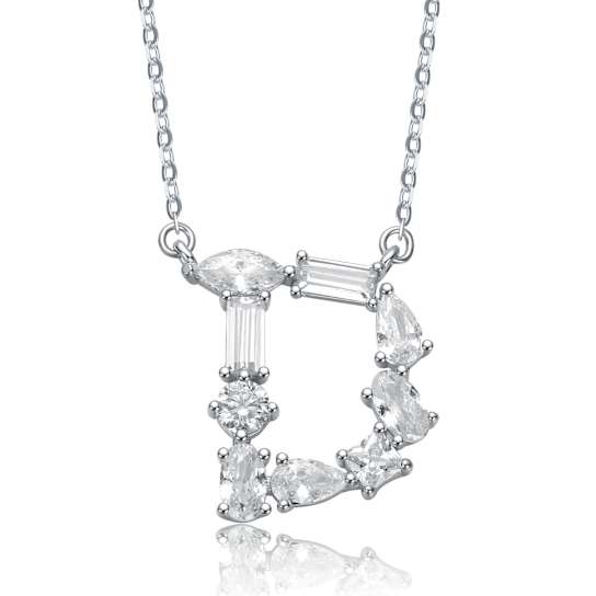 Initial D Mixed Cut CZ Pendant Necklace In Sterling Silver 18 Inch