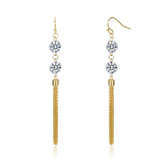 CZ Chain Fringe Dangle Earrings In 14K Gold Over Sterling Silver
