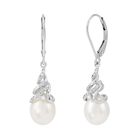 10x8mm Oval White Freshwater Pearl with 0.07ctw Diamond 14K White Gold
Drop Earrings
