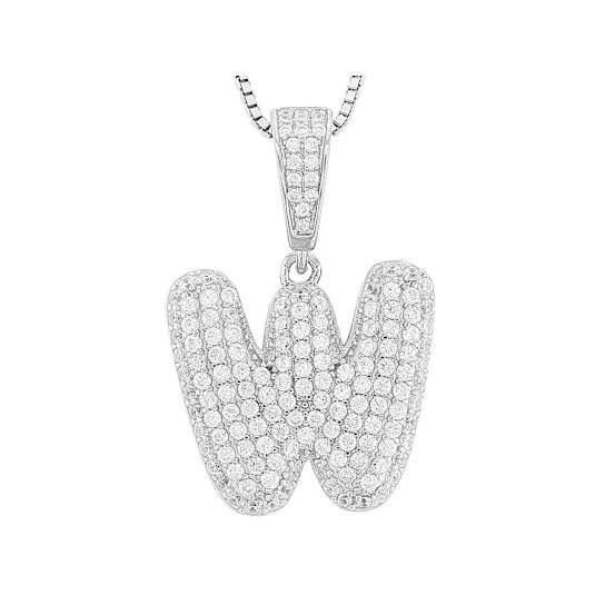 CZ Initial W Bubble Letter Pendant Necklace In Sterling Silver 1.92ctw