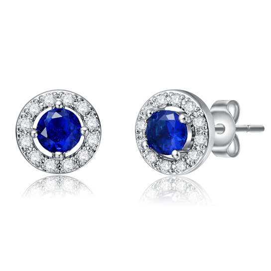 Sapphire Color CZ Halo Stud Earrings In White Rhodium Over Brass