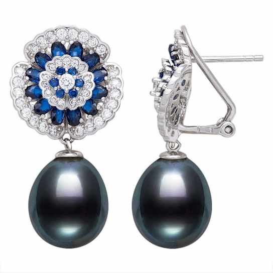 Black Cultured Freshwater Pearl With Cubic Zirconia Rhodium Over
Sterling Silver Earrings