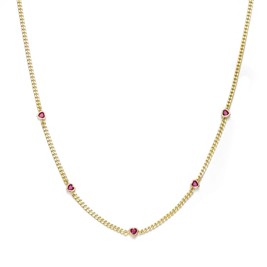 Ruby Color CZ Heart Station Necklace In 14K Gold Over Brass