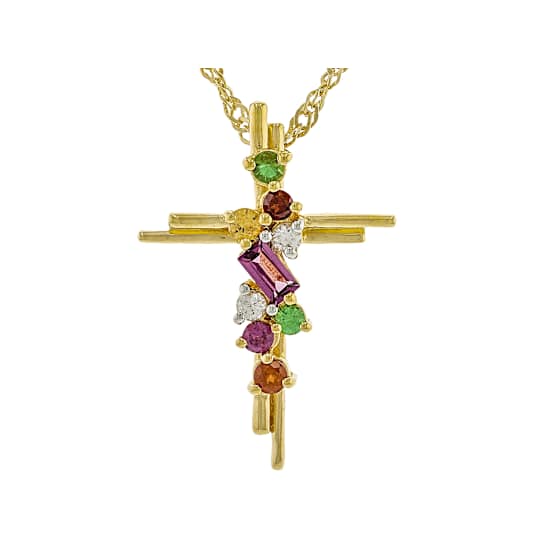 Multi-Garnet Cross Pendant Necklace In 18K Gold Over Sterling Silver 0.54ctw