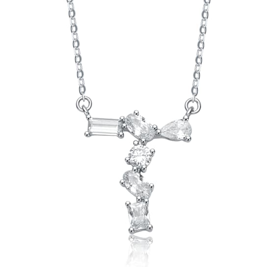 Initial T Mixed Cut CZ Pendant Necklace In Sterling Silver 18 Inch