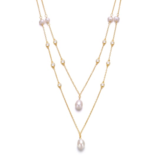 Pear Shape Freshwater Pearl Layered Necklace In 14K Gold Over Sterling Silver