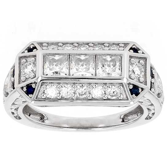Moissanite And Blue Sapphire Band Ring In Platinum-Enhanced Sterling
Silver 1.41ctw Diamond Equivalent Weight
