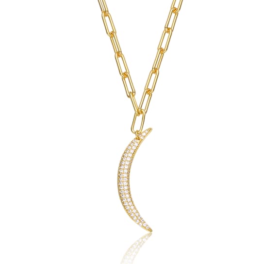 Crescent Moon CZ Charm Necklace In 14K Gold Over Brass