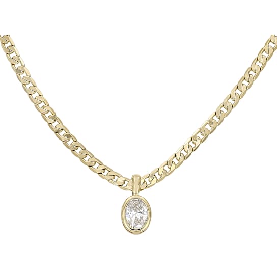 Bezel Set CZ Pendant With Curb Chain In 18k Yellow Gold Over Brass
