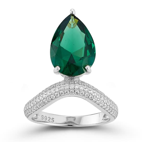 Rachel Zoe Pear CZ Wavy Cocktail Ring in Rhodium Over Sterling Silver