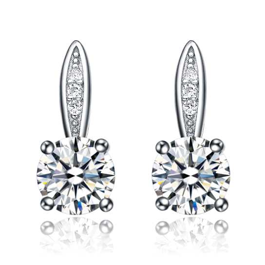 Square CZ Drop Earrings In White Rhodium Over Brass