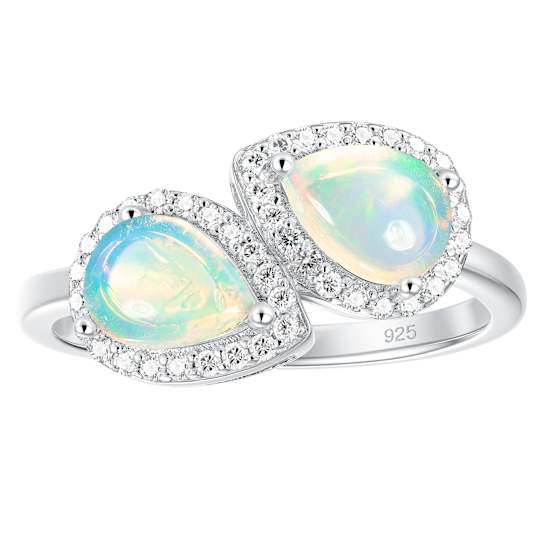 Pear Shape Opal And Zircon Halo Bypass Ring In Sterling Silver