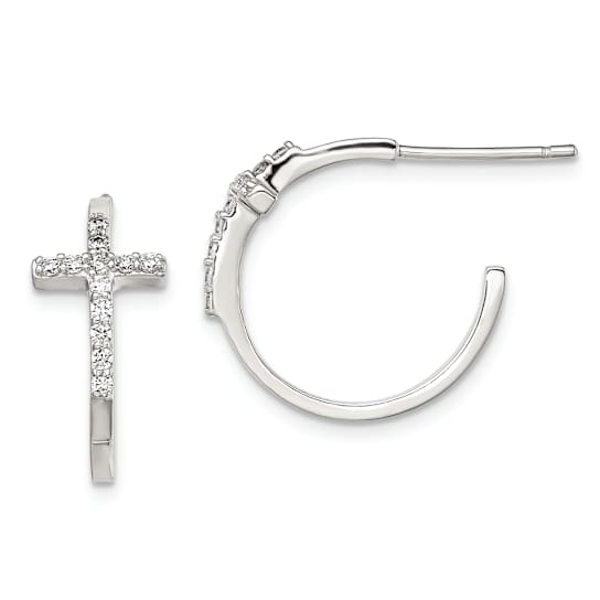 Rhodium Over Sterling Silver Cubic Zirconia Cross Hoop Earrings